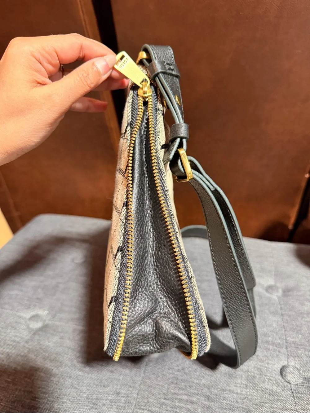 Fossil Preston Expandable Crossbody Bag Grey Black Diamond Jacquard Leather
